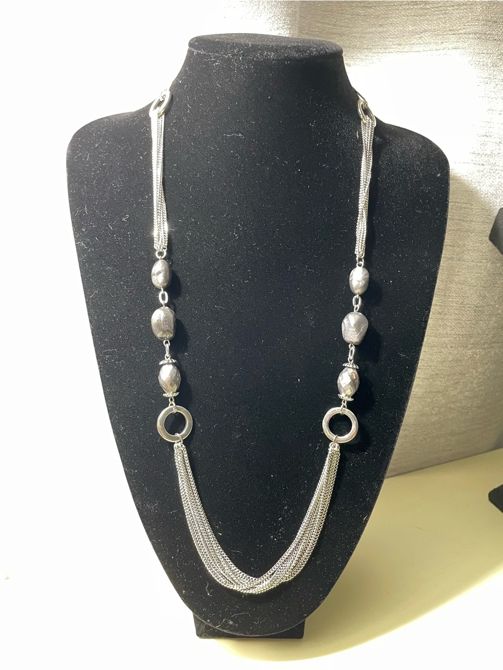Long Silver Multi-Strand Bead and Ring Necklace for Women